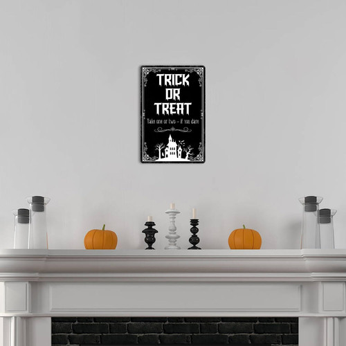 Gothic Halloween aluminum sign with 'Trick or Treat' vintage lettering, distressed look for cafe, bar, or kitchen wall decor | Familywalldecor