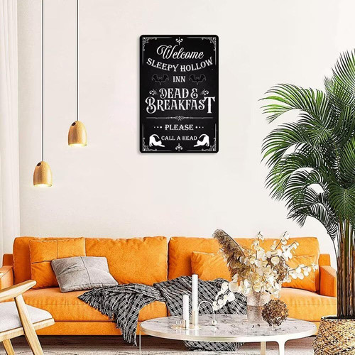 Halloween metal sign reads Welcome to Sleepy Hollow Inn, vintage distressed style for kitchen or home bar wall decor. | Familywalldecor