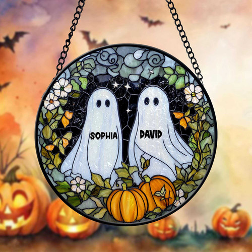 Ghost couple stained glass suncatcher with custom names and date, spooky anniversary gift for Halloween-loving couples | Familywalldecor