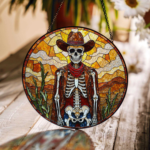Cowboy skeleton stained glass suncatcher with gothic western flair, amber hat accents, window decor and Halloween gift | Familywalldecor