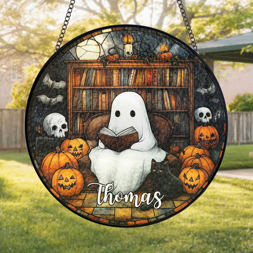 Ghost reading stained glass suncatcher, personalized with custom name, Halloween window decor for book lovers, amber hues | Familywalldecor