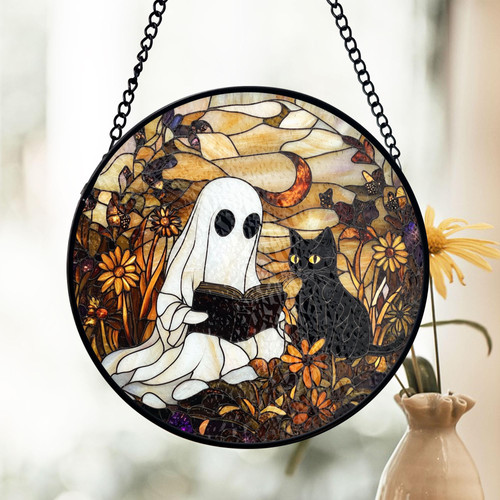 Ghost and black cat Halloween stained glass suncatcher with autumn florals, cozy window decor for book lovers' reading nooks. | Familywalldecor