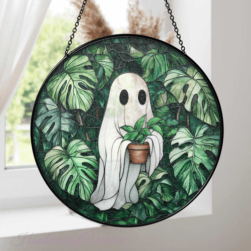 Cute ghost plant stained glass suncatcher with green monstera leaf accents, Halloween window decor for plant lovers | Familywalldecor