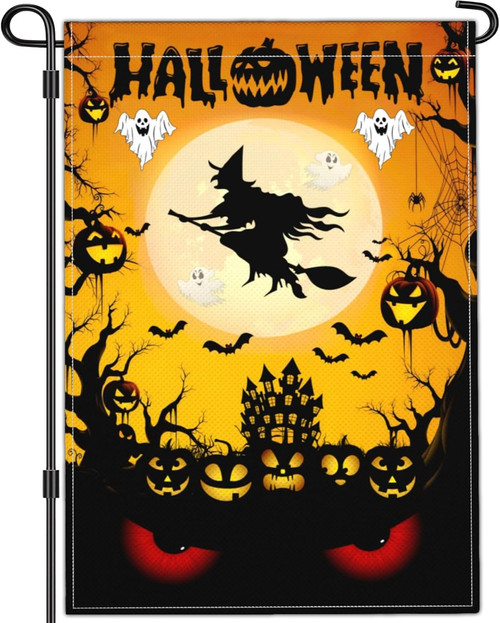 Halloween garden flag, double-sided with witch silhouette and grinning pumpkin; yard decor for spooky autumn display | Familywalldecor