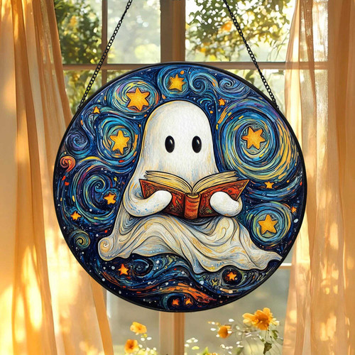 Halloween ghost reading book stained glass suncatcher for window decor, a whimsical accent for book lovers and libraries | Familywalldecor