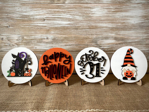 Halloween gnome mini round wood sign with haunted house motif, October 31 theme, tiered tray accent for cozy seasonal decor | Familywalldecor