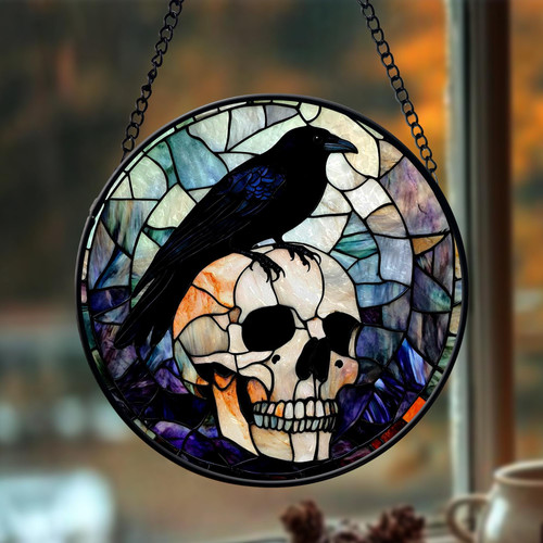 Halloween stained glass suncatcher with raven and skeleton, spooky window decor casting colorful light for gothic homes | Familywalldecor