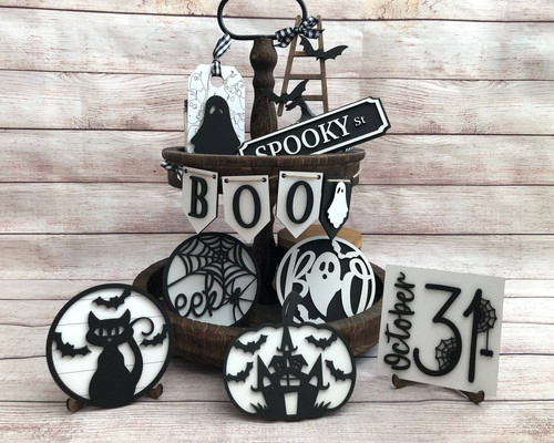 Halloween tiered tray decor mini street wood sign accents for spooky displays, rustic black and orange set for shelves | Familywalldecor