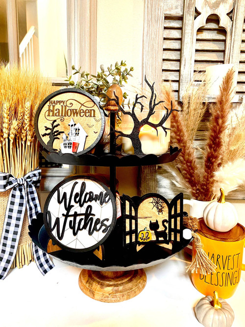 Witch-themed Halloween mini round wood sign with 'Welcome' script; rustic farmhouse décor accent for entryway or front door. | Familywalldecor