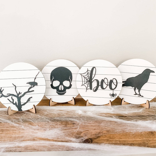 Halloween round wood sign, mini spooky decor for indoor display, rustic finish with bat motif, shelf or mantel accent | Familywalldecor