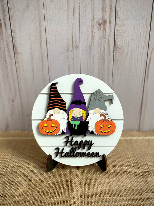 Halloween mini round wood sign with 3D gnome and Happy Halloween text, tiered tray and shelf decor for seasonal displays | Familywalldecor