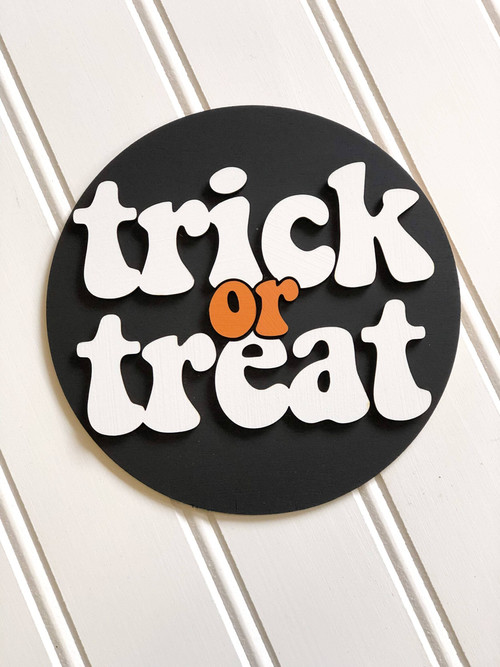 Halloween 3D mini round wood sign with Trick or Treat raised lettering; tiered tray decor accent for seasonal home styling | Familywalldecor