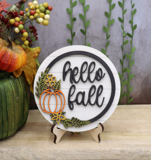 Autumn mini wood sign for tiered trays featuring a pumpkin and 3D falling leaves, rustic farmhouse Halloween accent decor | Familywalldecor