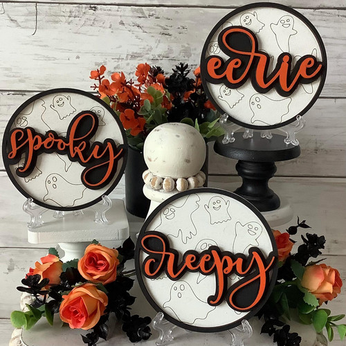 Halloween mini wood sign for spooky decor, small standing accent perfect for tiered trays, mantels, and home displays. | Familywalldecor