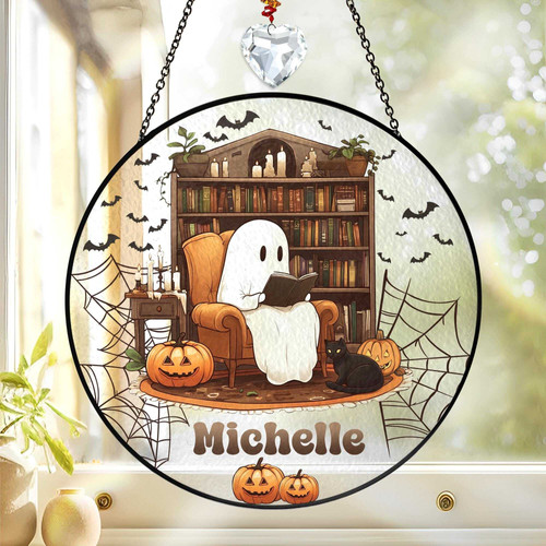 Ghost reading book suncatcher, personalized with name, cozy window decor for Halloween and book lovers in a reading nook | Familywalldecor
