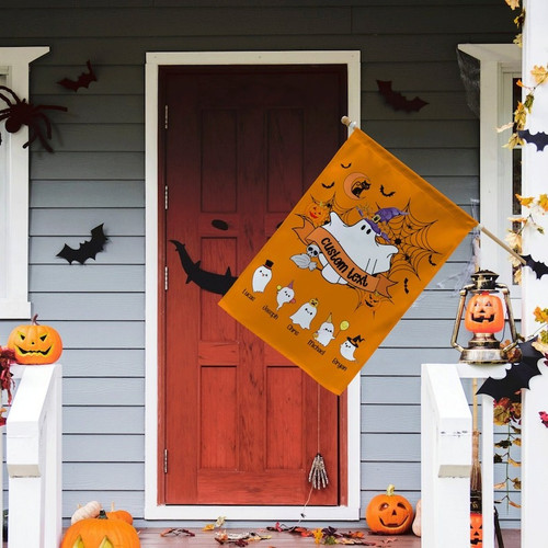 Halloween ghost family garden flag, personalized with family names for cute spooky outdoor yard and porch decor | Familywalldecor