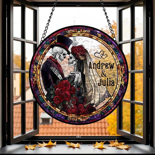 Skeleton couple stained glass suncatcher with heart frame, personalized names and wedding date, gothic Halloween window decor | Familywalldecor
