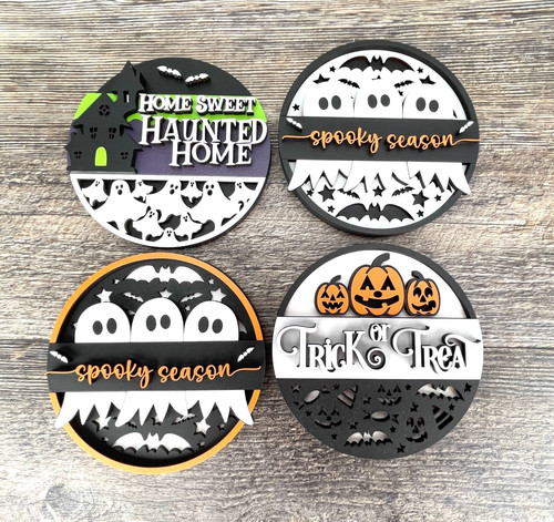 Spooky Halloween mini round wood sign with ghost and pumpkin, black and orange, tiered tray decor accent for mantel or shelf | Familywalldecor