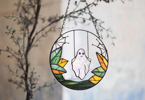 Spooky gothic ghost stained glass suncatcher for window, haunting Halloween decor and witchy gift for fall home lovers | Familywalldecor