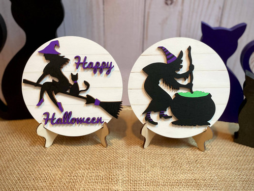 Halloween witch mini round wood sign with broom and cauldron art, spooky tiered tray decor for indoor shelves | Familywalldecor