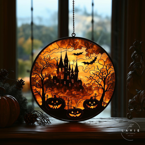 Halloween witch stained glass suncatcher, spooky castle window hanging for seasonal decor, gothic accent for your windows | Familywalldecor