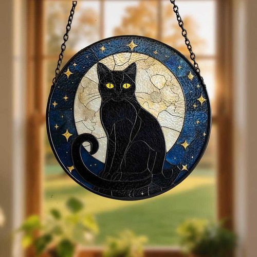 Black cat stained glass suncatcher for Halloween, hanging window decor and spooky gift for cat lovers, handcrafted to shimmer | Familywalldecor