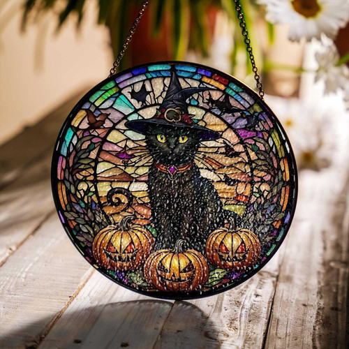Gothic black cat Halloween stained glass suncatcher, witchy fall window decor with feline silhouette; spooky gift for women | Familywalldecor