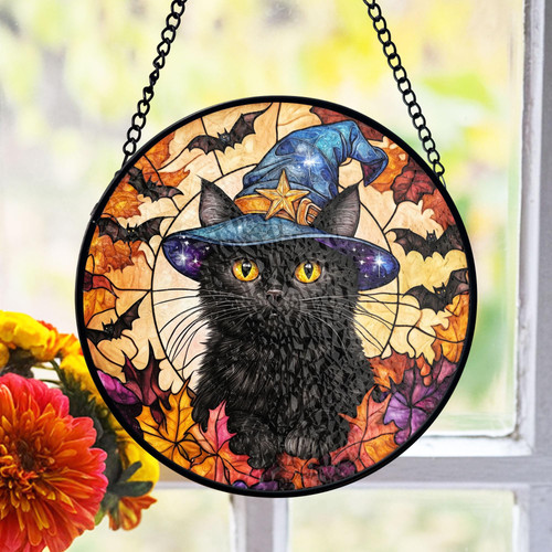 Spooky black cat suncatcher with witch hat, Halloween window accent for cat lovers, fall decor that casts playful shadows | Familywalldecor