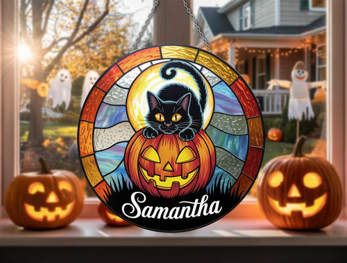 Black cat pumpkin stained glass suncatcher, personalized with name; orange pumpkin glass, window Halloween decor gift. | Familywalldecor