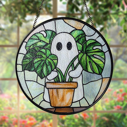 Cute ghost and monstera stained glass suncatcher with frosted ghost and green leaf, Halloween decor for plant lovers | Familywalldecor