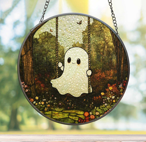 Ghost on swing stained glass suncatcher for Halloween window decor, a spooky cute hanging accent for ghost lovers. | Familywalldecor