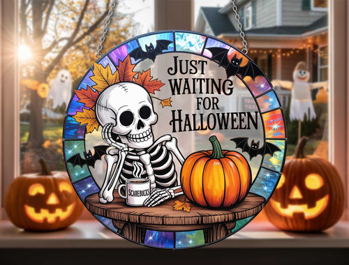 Halloween skeleton suncatcher ornament with spooky gothic pumpkin, personalized with name, fun fall window decor for October | Familywalldecor