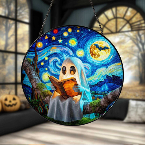 Starry night ghost reading stained glass suncatcher with frosted ghost, book, moon and stars, Halloween gift for book lovers | Familywalldecor