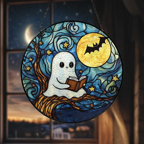 Cute ghost suncatcher in stained glass, starry night background, reading a book; Halloween window decor for book lovers | Familywalldecor