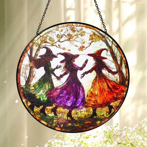 Halloween witch stained glass suncatcher with crescent moon, purple and black glass, feminist window art for living room | Familywalldecor