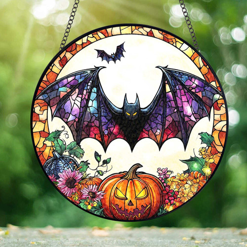 Gothic Halloween stained glass suncatcher with orange pumpkin and black bat, vertical window hanging for living room decor | Familywalldecor