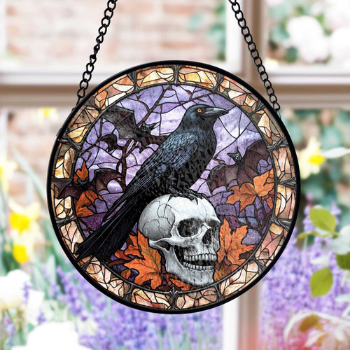 Raven skull Halloween stained glass suncatcher for gothic window decor, casting spooky fall light for horror fans | Familywalldecor