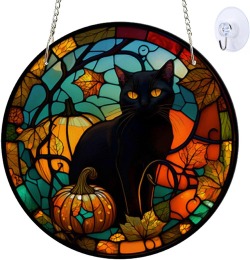 Halloween window hanging suncatcher featuring black cat and ghost design, 8-inch stained-glass decor for cafe or home windows | Familywalldecor