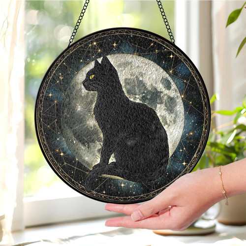 Black cat stained glass suncatcher with crescent moon, Halloween window accent for indoor decor and cat lovers | Familywalldecor