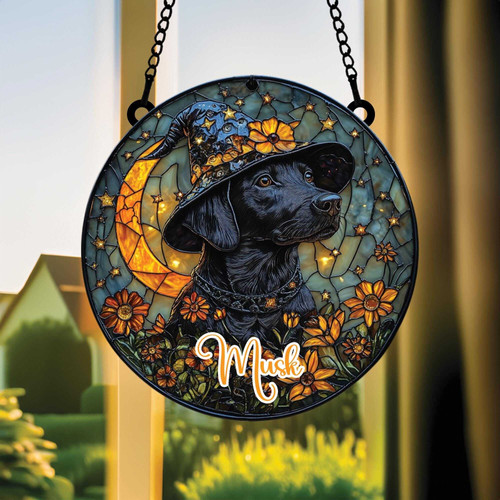 Halloween dog suncatcher faux stained glass, witch hat dog silhouette, personalized name banner, round panel for window decor | Familywalldecor