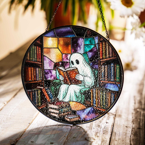 Ghost reading book suncatcher window hanging for Halloween, cute spooky decor for library window and book lovers' nooks | Familywalldecor