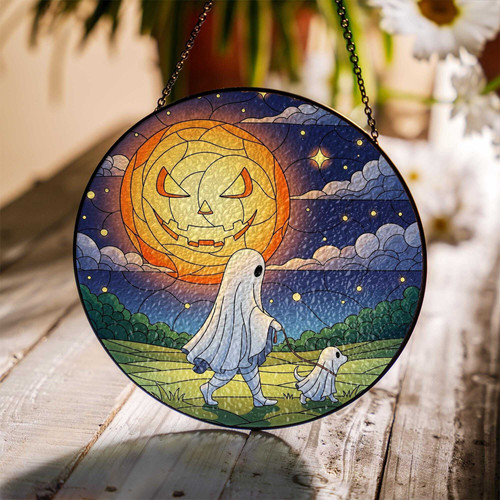 Halloween ghost dog stained glass suncatcher with frosted white glass and black lead lines, spooky fall window décor gift | Familywalldecor