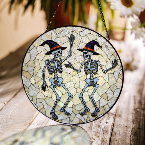 Spooky skeleton stained glass suncatcher with grinning skull, ribcage and chain, Halloween window decor gift for friends | Familywalldecor