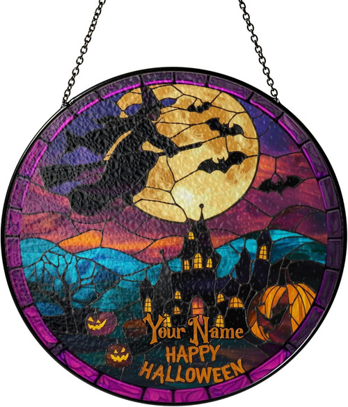 Halloween witch pumpkin stained glass suncatcher with crescent moon, haunted castle and bats, custom name on pumpkin | Familywalldecor