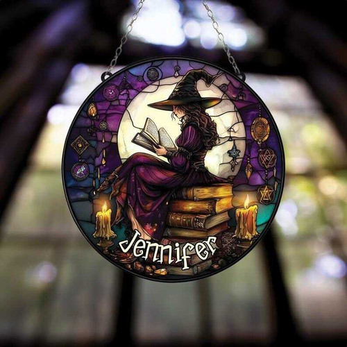 Witchy stained glass suncatcher for gothic spiritual decor, Halloween window hanging that catches light with eerie flair | Familywalldecor