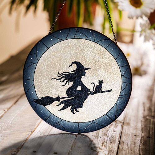 Gothic witch and cat stained glass suncatcher for Halloween window decor, spooky hanging art that casts eerie light indoors | Familywalldecor