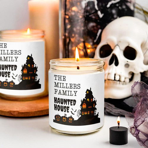 Haunted house soya wax candle in matte black glass with haunted house silhouette, Halloween scented decor for mantel | Familywalldecor
