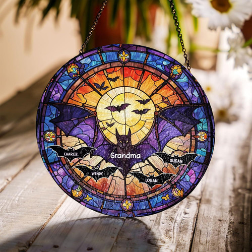 Halloween bat stained glass suncatcher, personalized with custom name, purple wings, patina, moon accent for window decor | Familywalldecor
