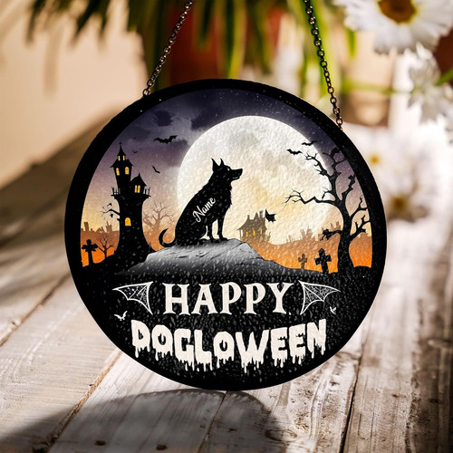 Halloween bat suncatcher with dog theme and paw prints, personalized with your pet’s name; window decor for living room. | Familywalldecor