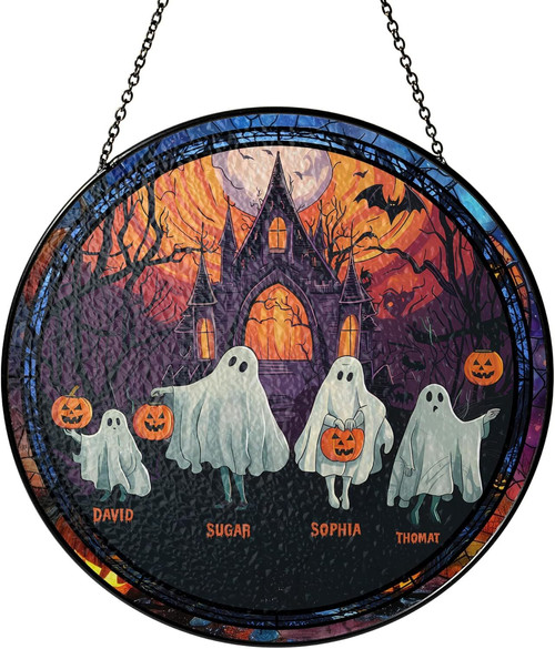 Halloween ghost family stained glass suncatcher, personalized family size, hanging window decor that sparkles in autumn sun | Familywalldecor